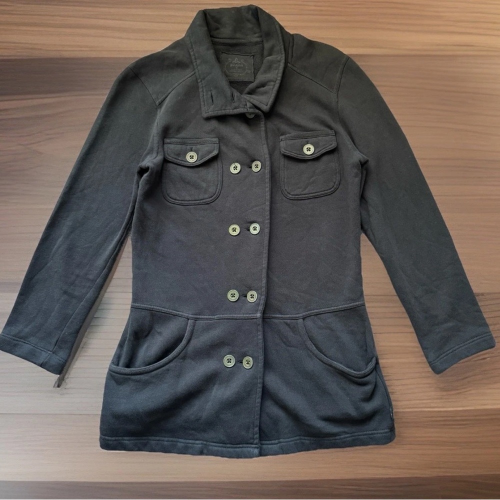 prAna Coat Womens Small Black 100% Cotton Knit Mock Neck Military Tori Jacket - Picture 3 of 13